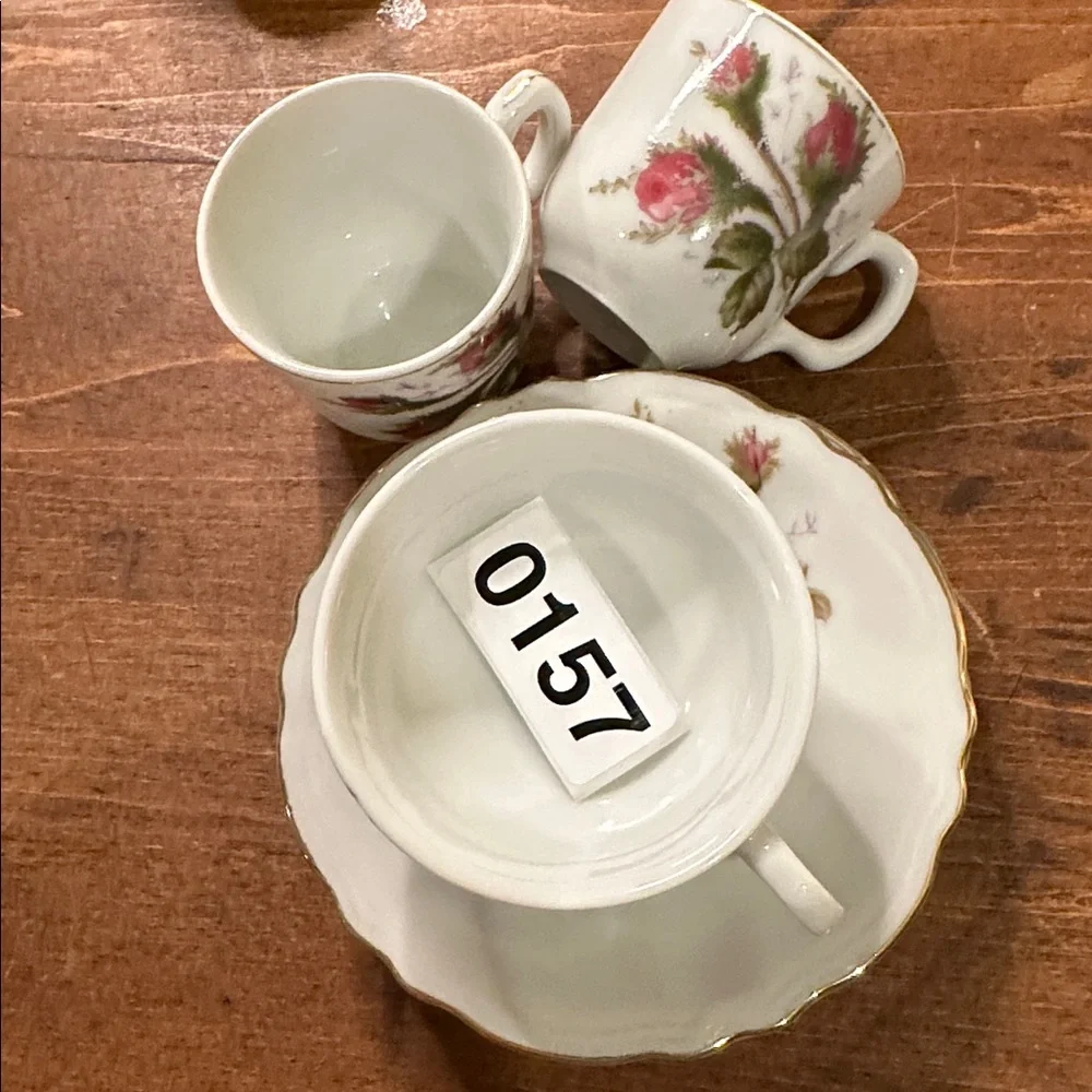 Moss Rose Floral Porcelain Demitasse and Footed Base Tea Cups and Saucers
